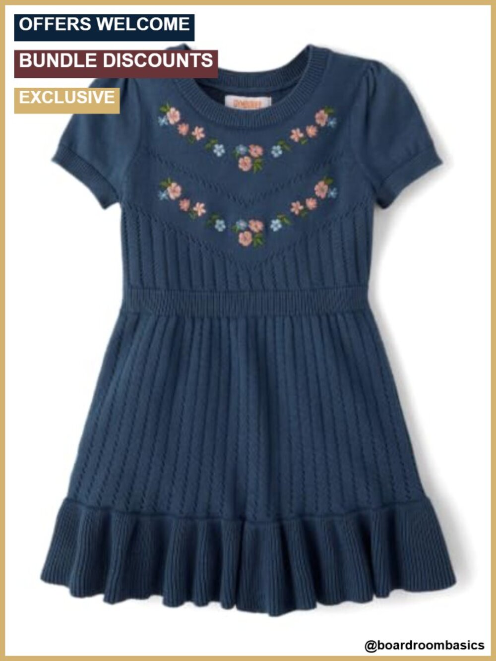 Girls Toddler Short Sleeve Cotton Sweater Dress Floral Rib-Knit Peplum